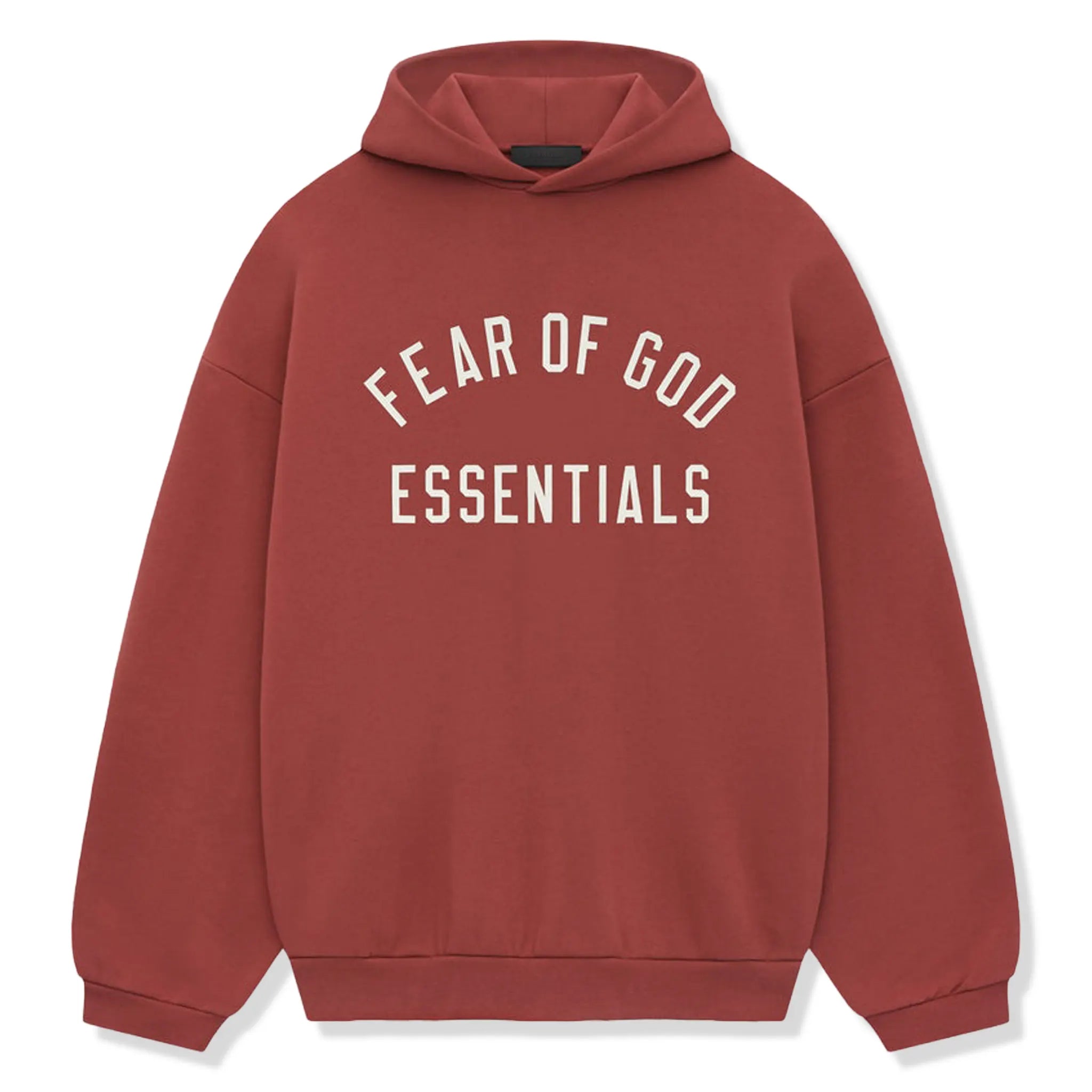 Front View of Fear Of God Essentials Fleece Crimson Hoodie (FW24) 192HO246256F